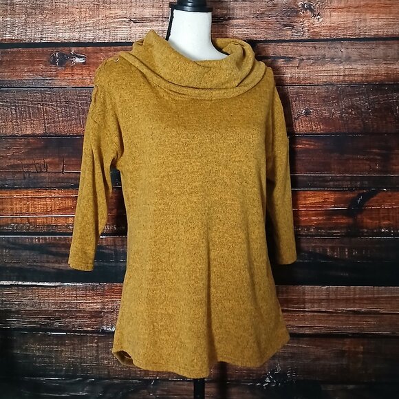 Ember Sweater S Cowl Turtleneck Mustard Gold Laced Shoulder Half Sleeve Soft - Picture 6 of 10